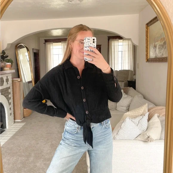 Free People Black Button-Up Blouse - Picture 1 of 5